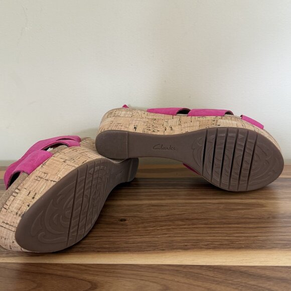 CLARKS Caslynn Diem Leather Slingback Wedge Sandal 8.5W Fuchsia nubuck pink EUC - Picture 9 of 15